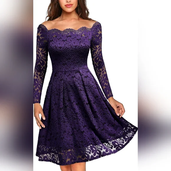 Dresses | Floral Long Sleeve Lace Dress Boat Neck Beautiful Purple Swing  Dress | Poshmark